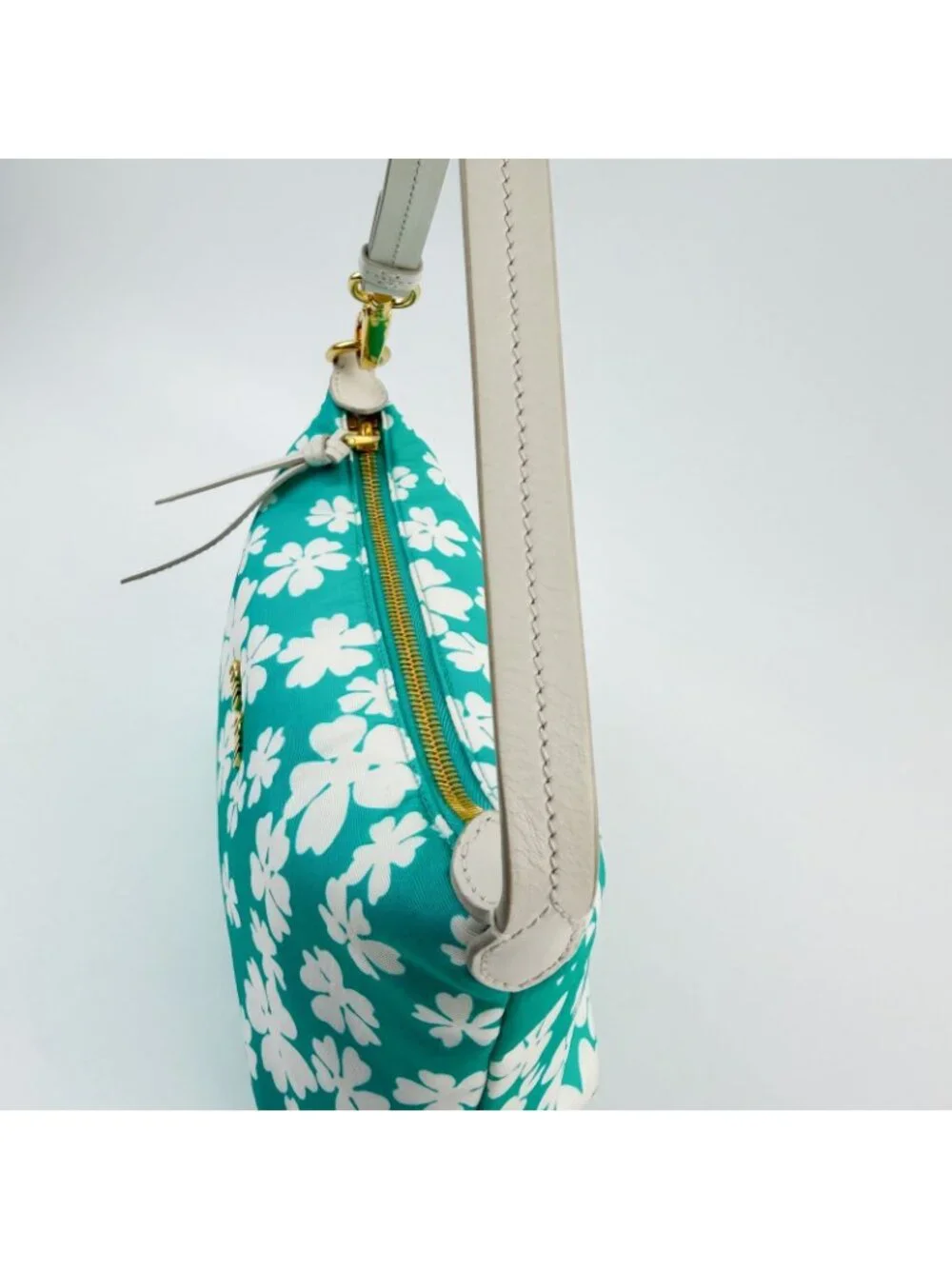 Miu Miu Spirit Floral Re-Nylon Handbag Pouch Nylon Leather Green White Gold